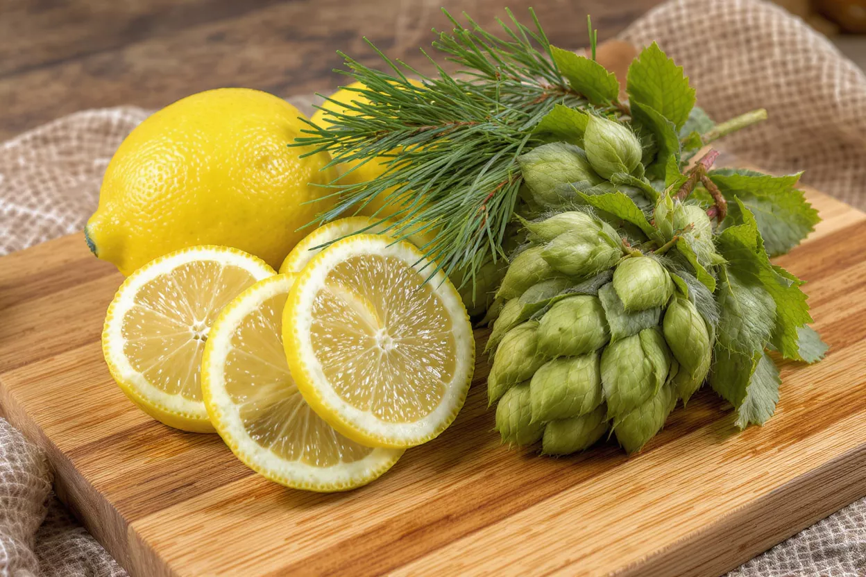 Lemons, sliced lemons, hops, and pine needles on a wooden cutting board.