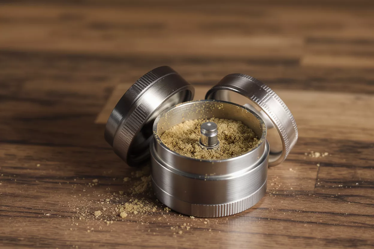 A metal grinder filled with kief, with its lid off, on a wooden surface.