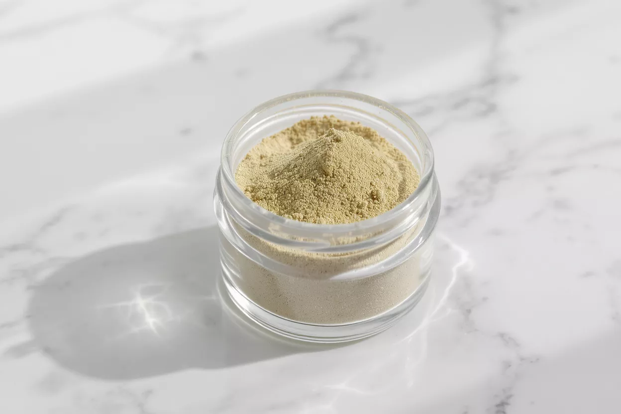 Small clear jar filled with light green powder on a white marble surface.