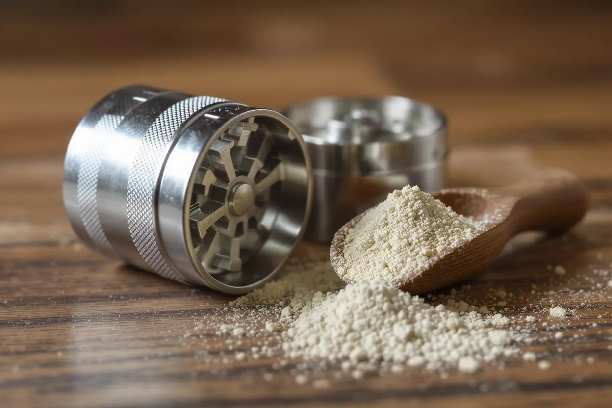 A silver herb grinder, a pile of light powder, and a wooden spoon on a wooden surface.