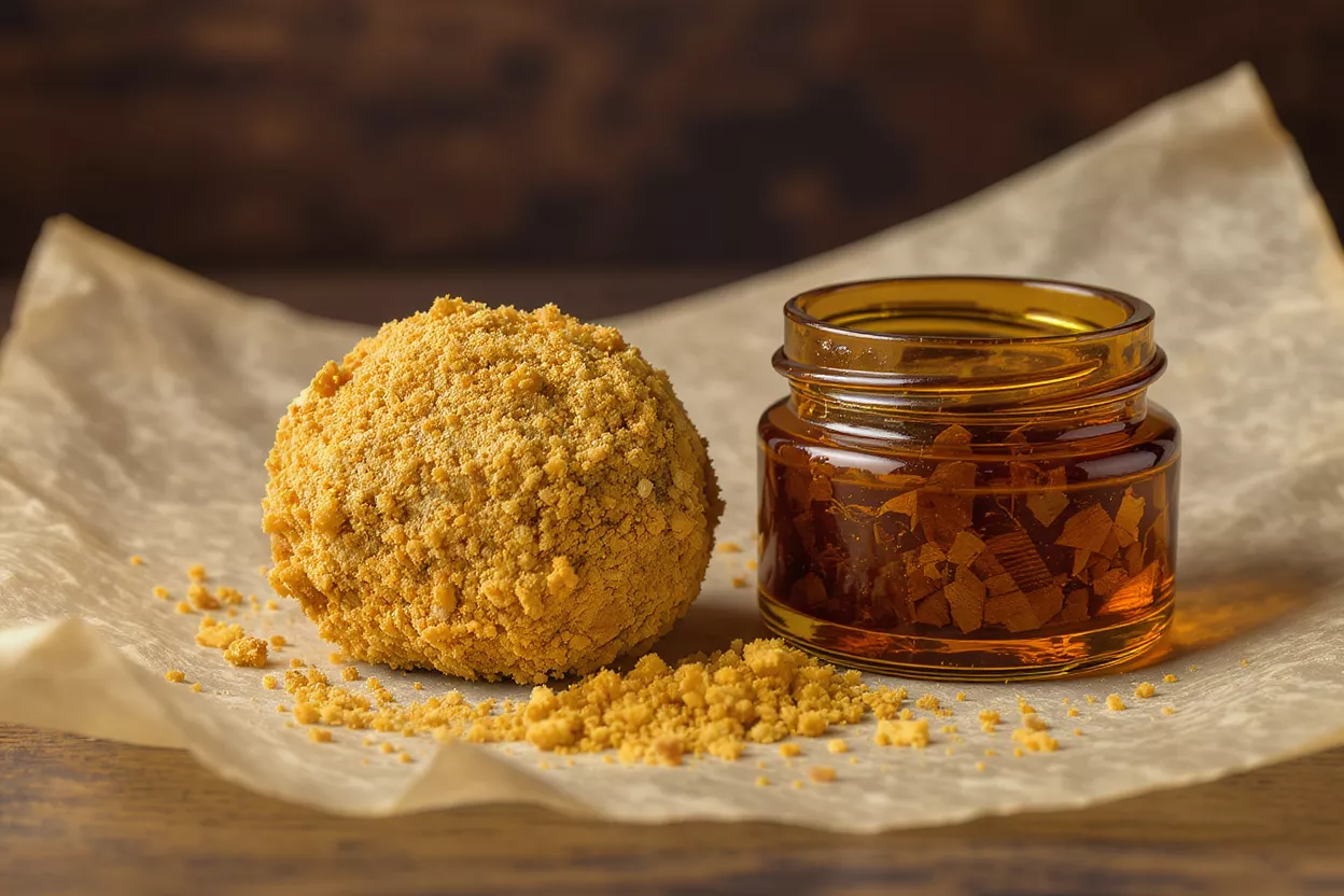 Cannabis crumble and shatter in a jar on parchment paper.