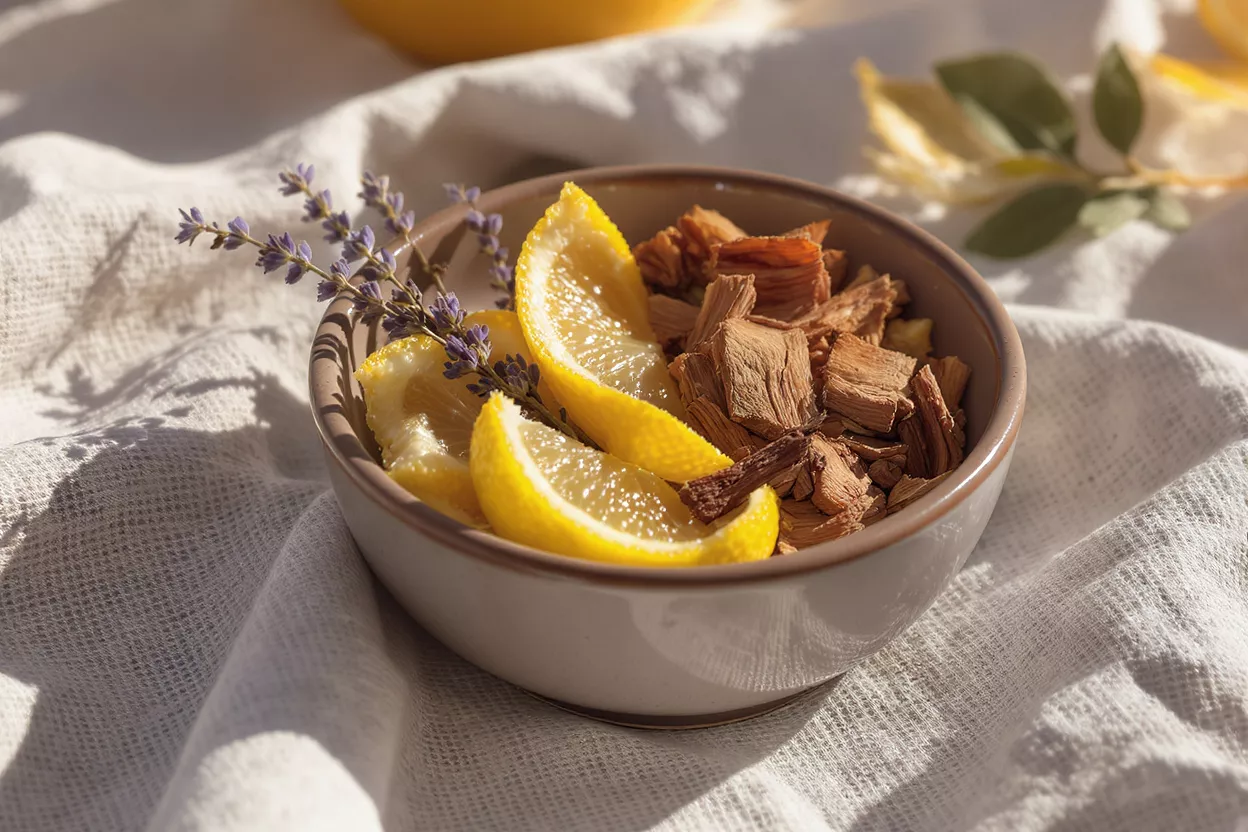A bowl with lemon slices, lavender sprigs, and wood chips on a white cloth.