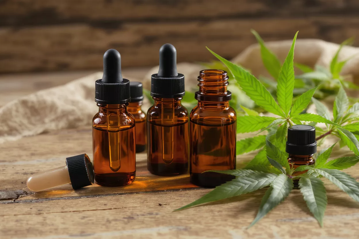 Amber dropper bottles of CBD oil with fresh green cannabis leaves on wood.