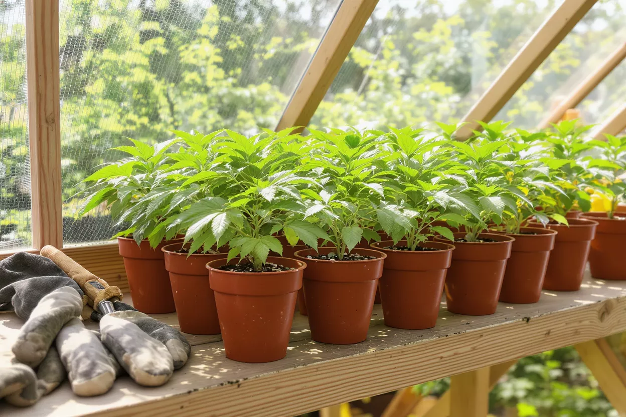 Rows of vibrant green seedlings in brown pots on a wooden shelf inside a greenhouse.