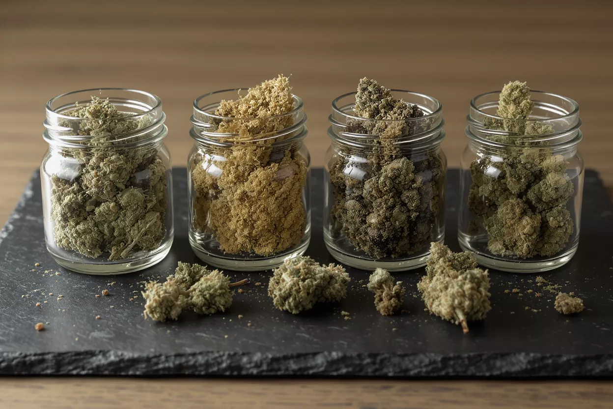 Four glass jars filled with different cannabis strains and loose buds on a slate.