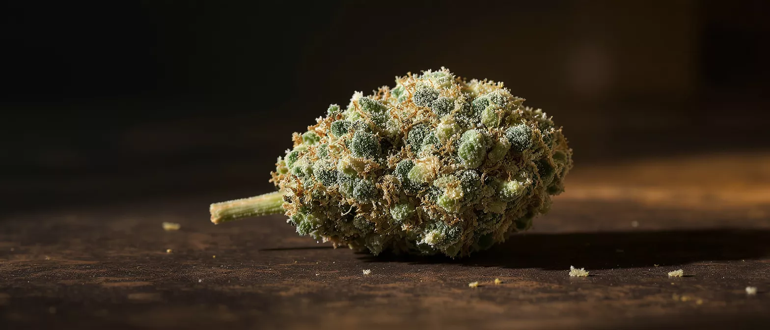 A vibrant cannabis bud with trichomes on a dark background.