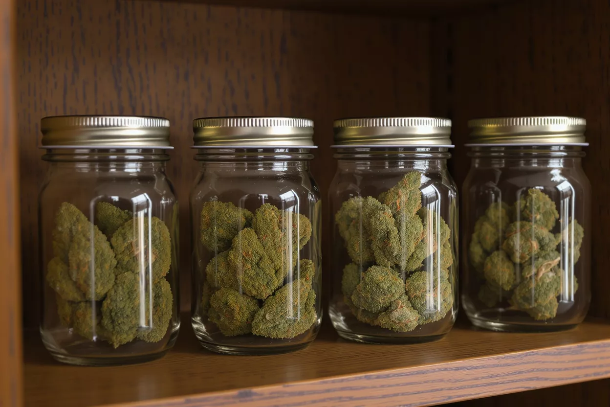 Bourgeons de cannabis dans des bocaux en verre Quatre bocaux en verre remplis de bourgeons de cannabis verts, rangés sur une étagère en bois.