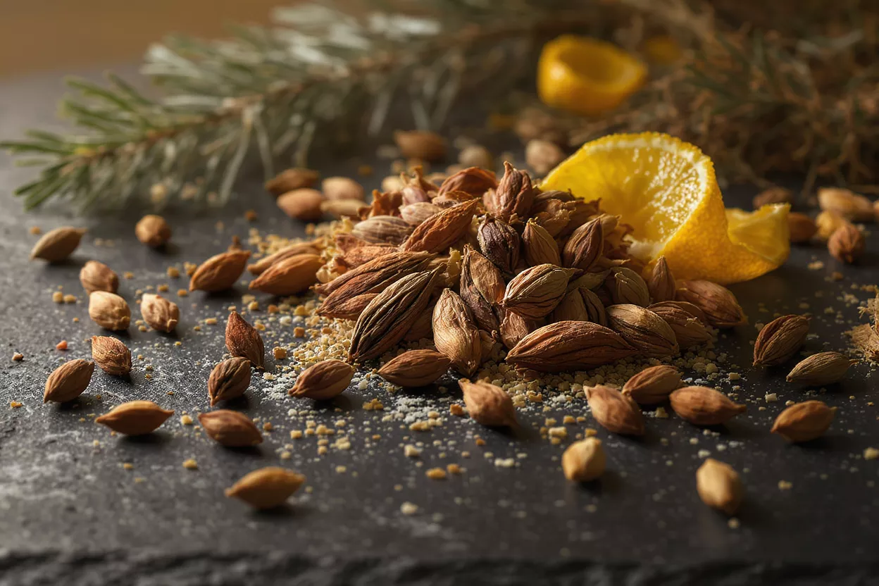 Gousses de cardamome et zeste de citron Gros plan de gousses de cardamome, épices moulues et zeste de citron sur une surface sombre.
