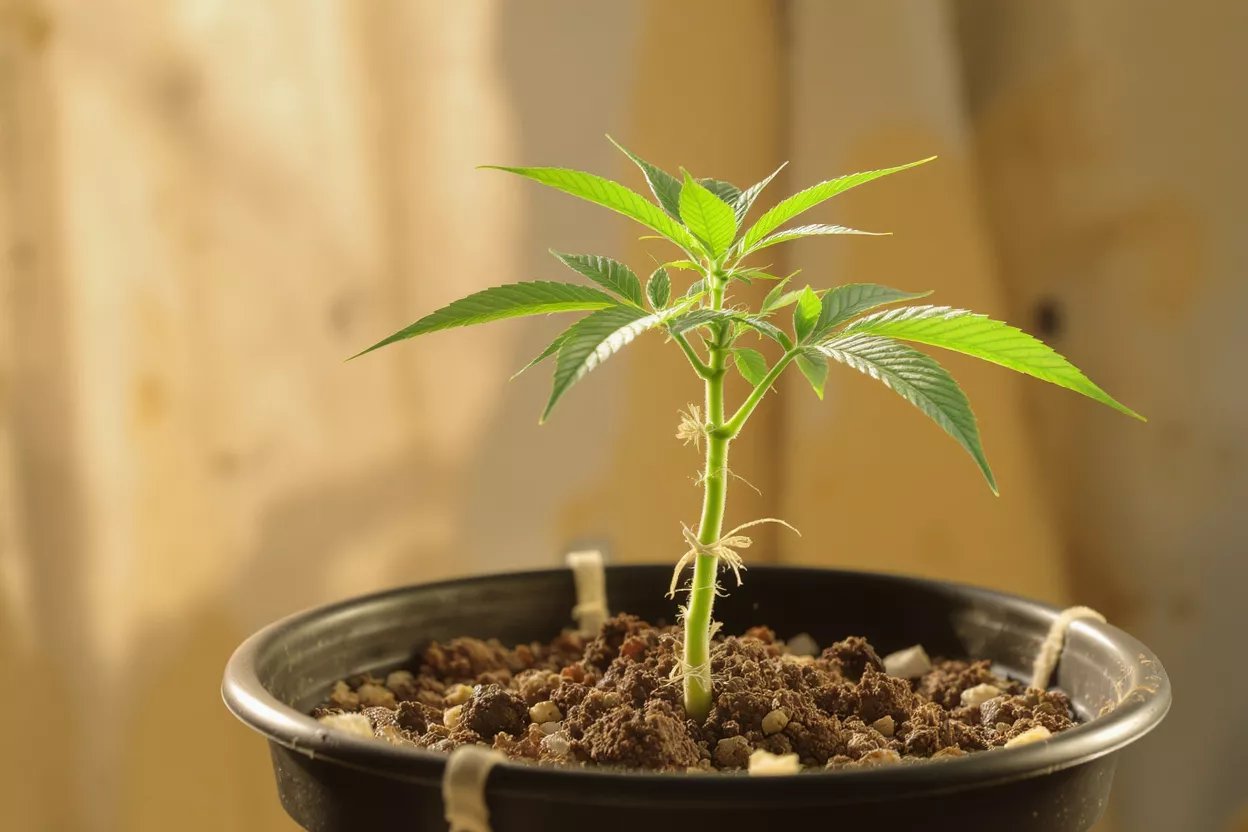 Small cannabis plant in a black pot with soil