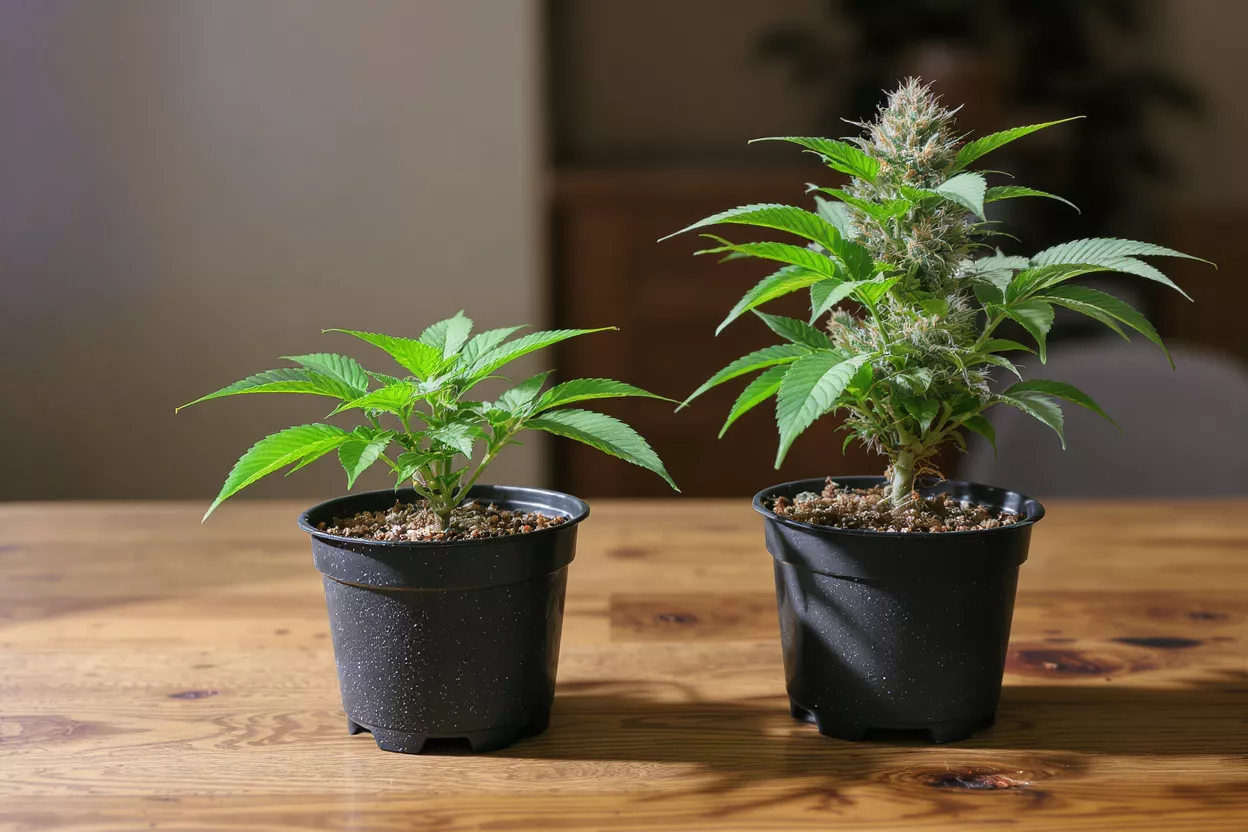 Two cannabis plants in black pots on a wooden table
