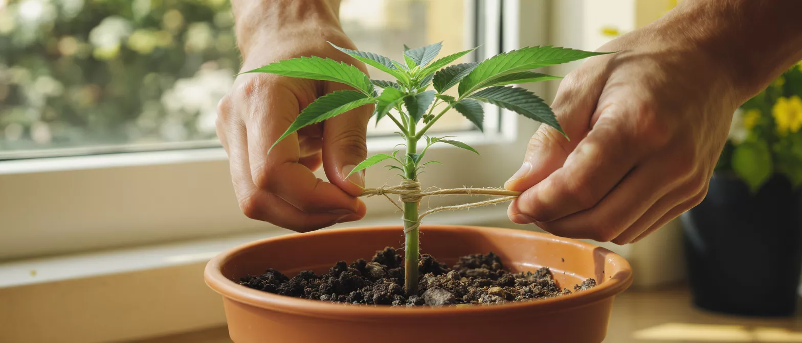 Hands tying twine around a small cannabis plant in a brown pot.