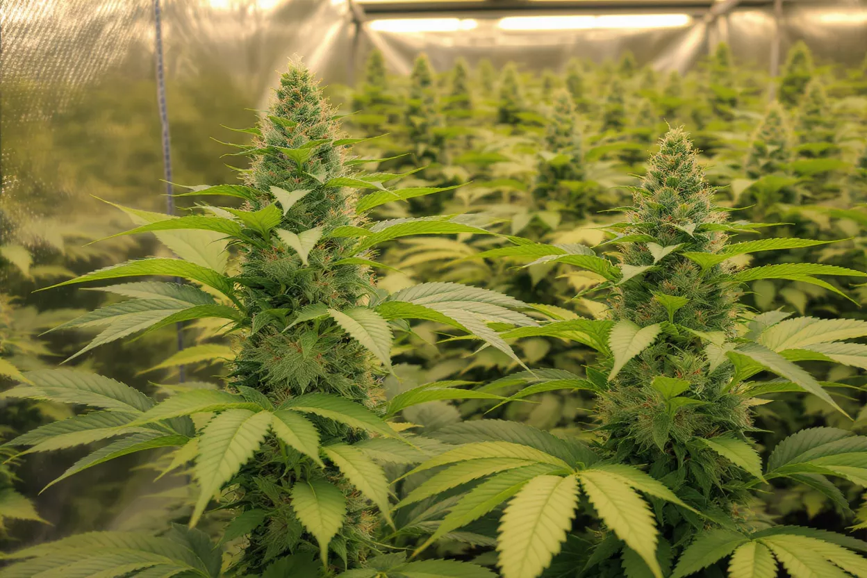 Plantas de Cannabis Saludables con Cogollos Dos plantas de cannabis prominentes con cogollos grandes y densos en una instalación de cultivo.