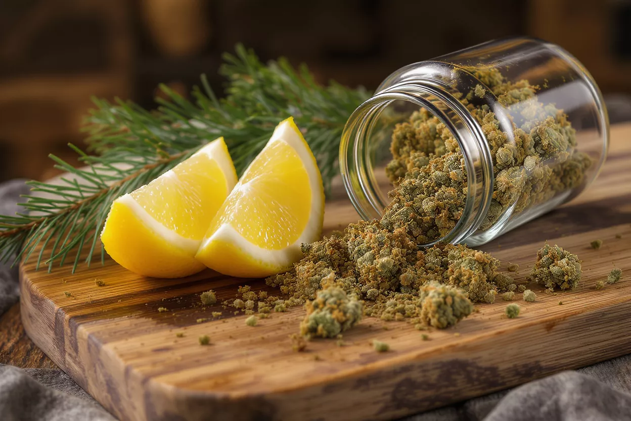 Brote de limón y cannabis Brotes de cannabis derramados de un frasco, con gajos de limón y agujas de pino sobre una tabla de cortar.