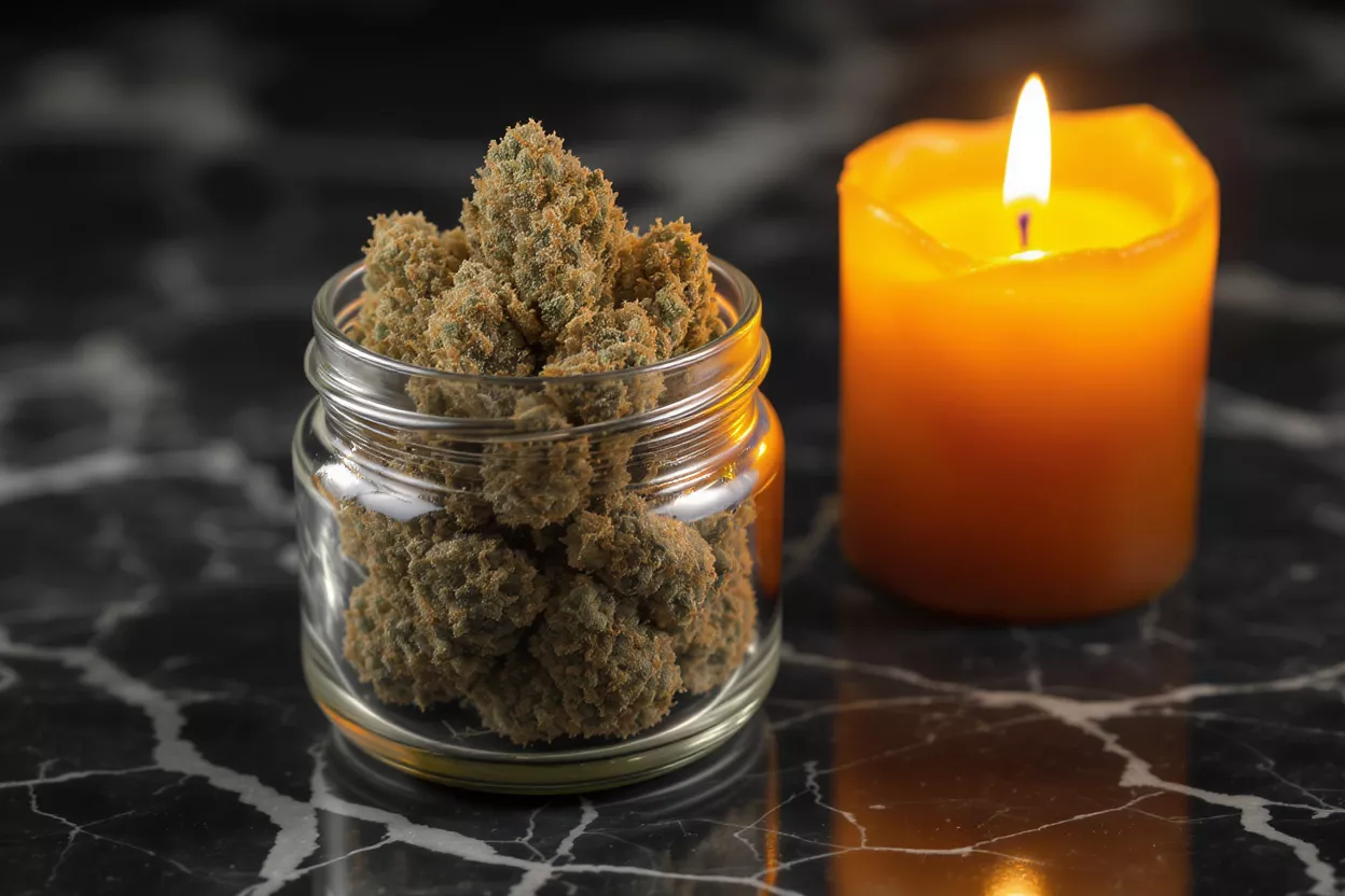Capullos de cannabis y vela Capullos de cannabis en un frasco de vidrio junto a una vela naranja encendida sobre una superficie de mármol oscuro.