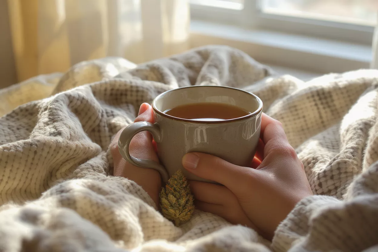 Confort acogedor del té de cannabis Manos sosteniendo una taza de té y una yema de cannabis sobre una manta acogedora.