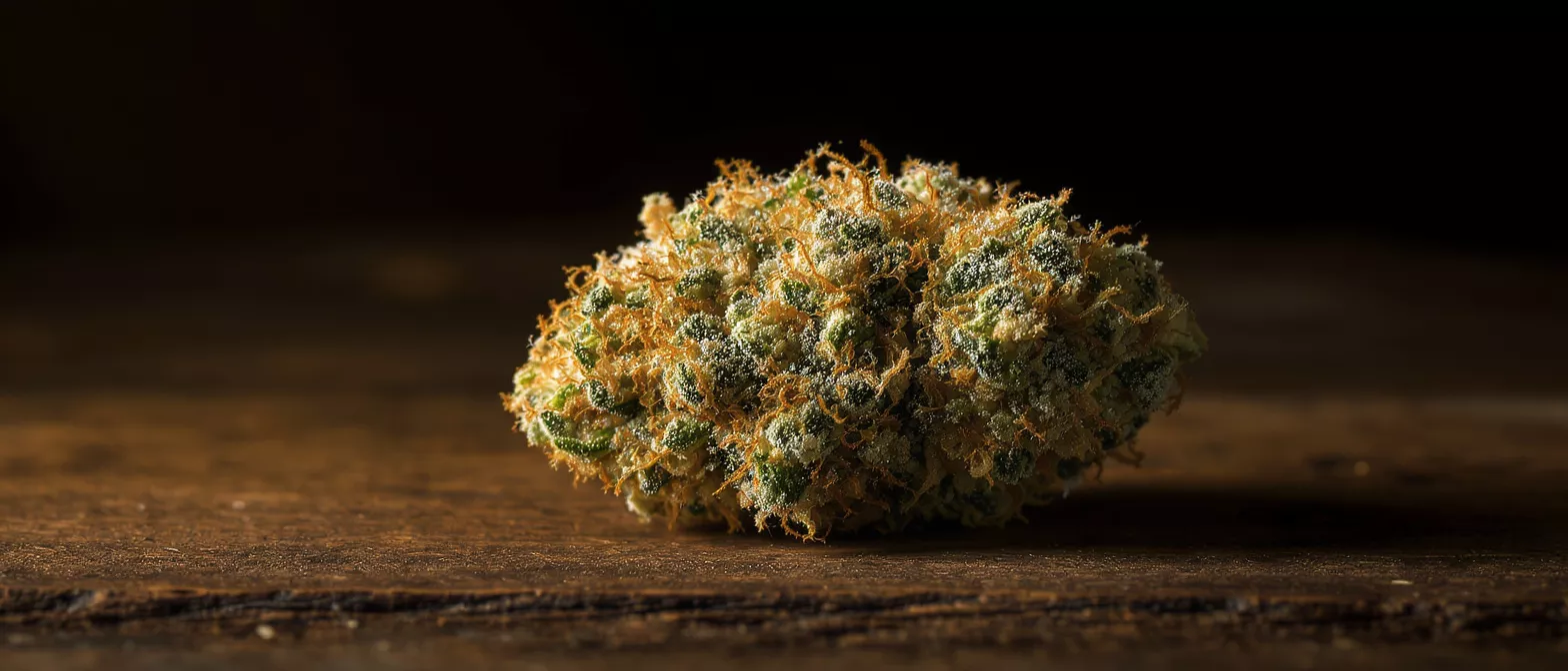 Primer plan de un cogollo de cannabis con pelos naranjas y tricomas blancos sobre una superficie de madera oscura.