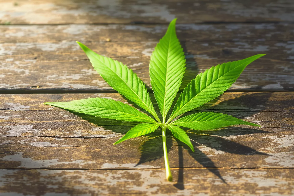 Fresh Cannabis Leaf on Wood Bright green cannabis leaf with seven pointed leaflets on a rustic wooden table.