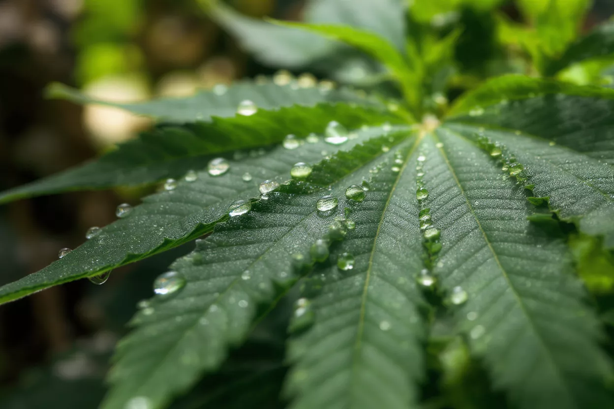Cannabis Leaf with Water Droplets Close-up of a vibrant green cannabis leaf covered in sparkling water droplets.