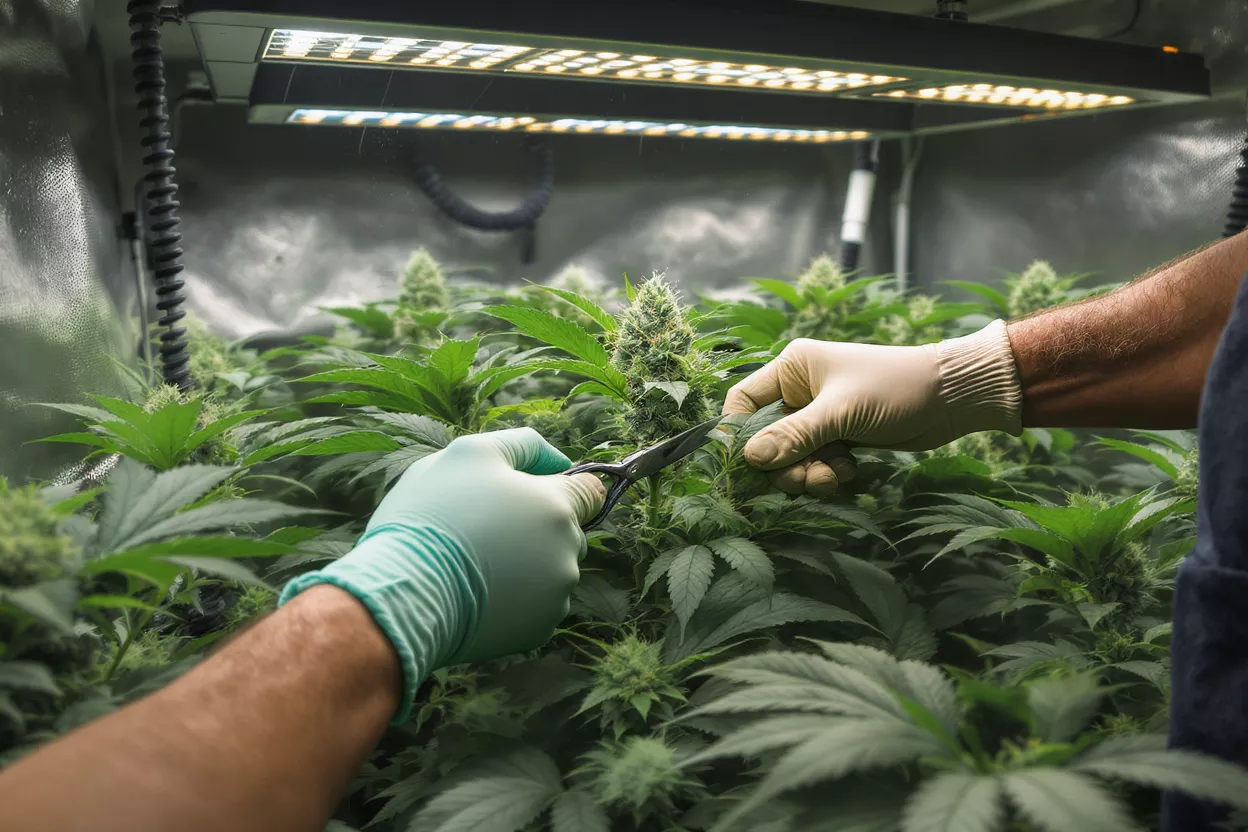 Trimming Cannabis Plants Under Grow Lights Hands in gloves trimming a cannabis plant with scissors under bright grow lights.