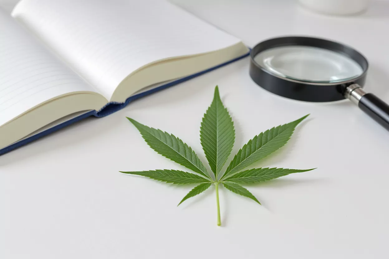 A cannabis leaf on a white table with an open notebook and magnifying glass.
