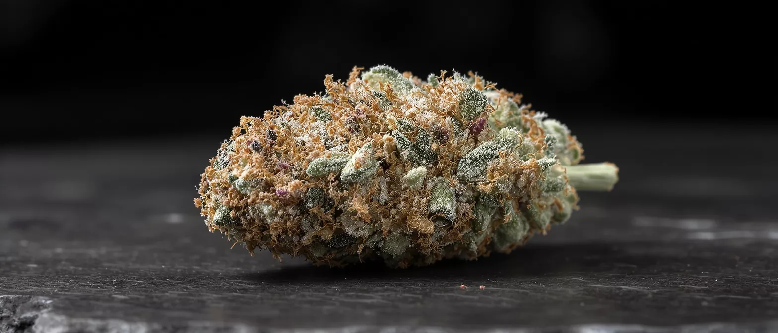 A close-up of a cannabis bud covered in white trichomes and orange hairs.