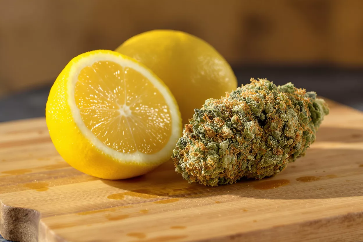 Limón y cogollo de cannabis Un cogollo de cannabis vibrante junto a un limón entero y un limón cortado en rodajas.