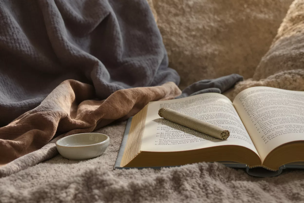 Sesión de Lectura Acogedora Un libro abierto con un preroll sobre sus páginas, junto a un pequeño cuenco.