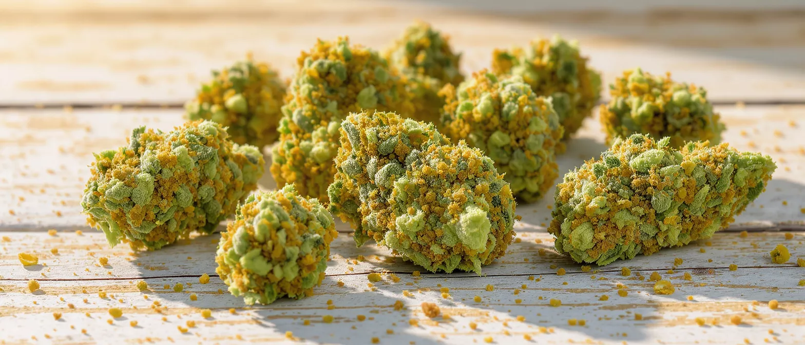 Close-up of several cannabis buds generously coated with golden kief on a wooden surface.
