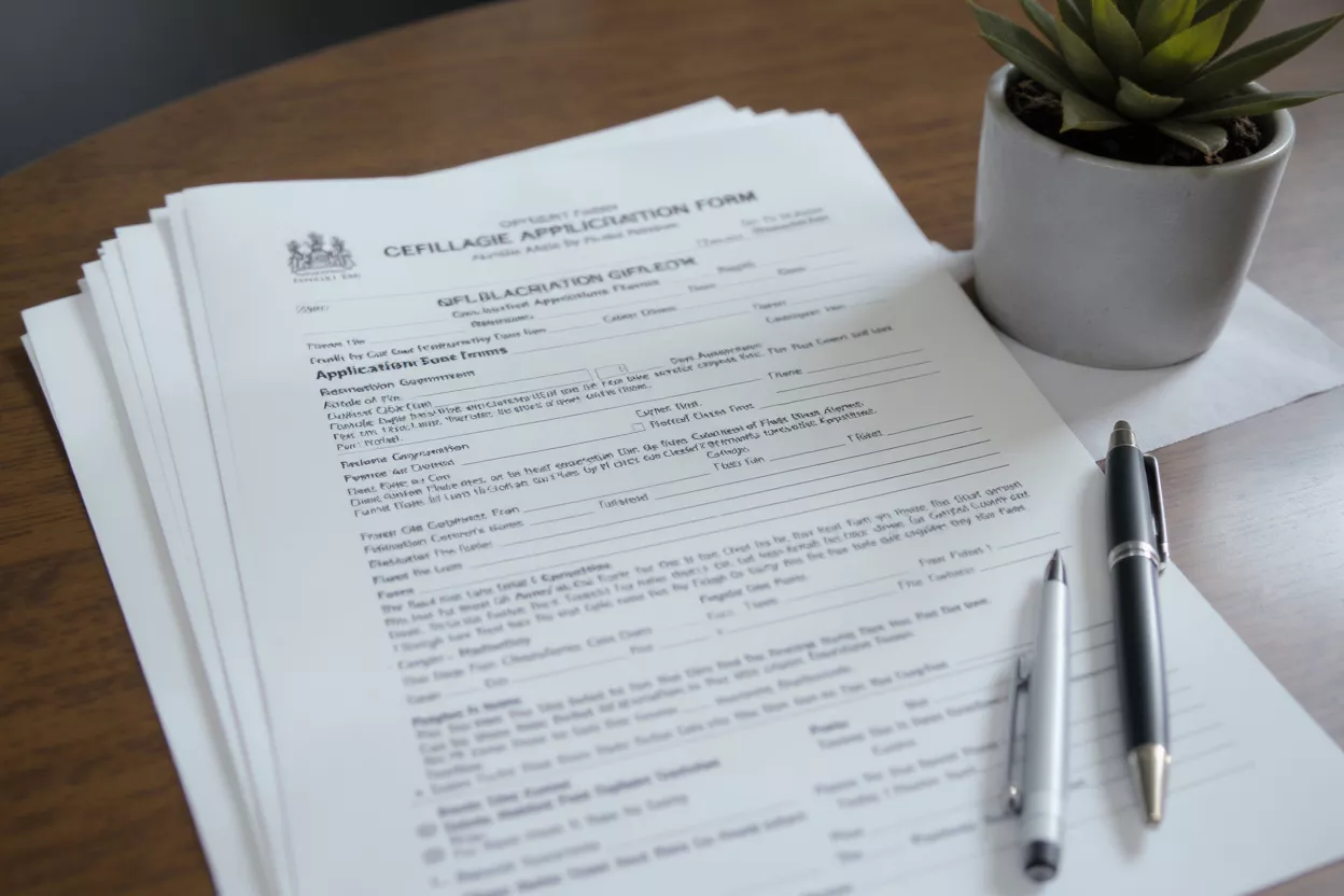 Close-up of an application form, two pens, and a small potted plant.