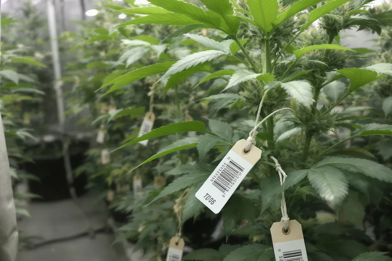 Rows of cannabis plants with identification tags in a controlled growing environment.