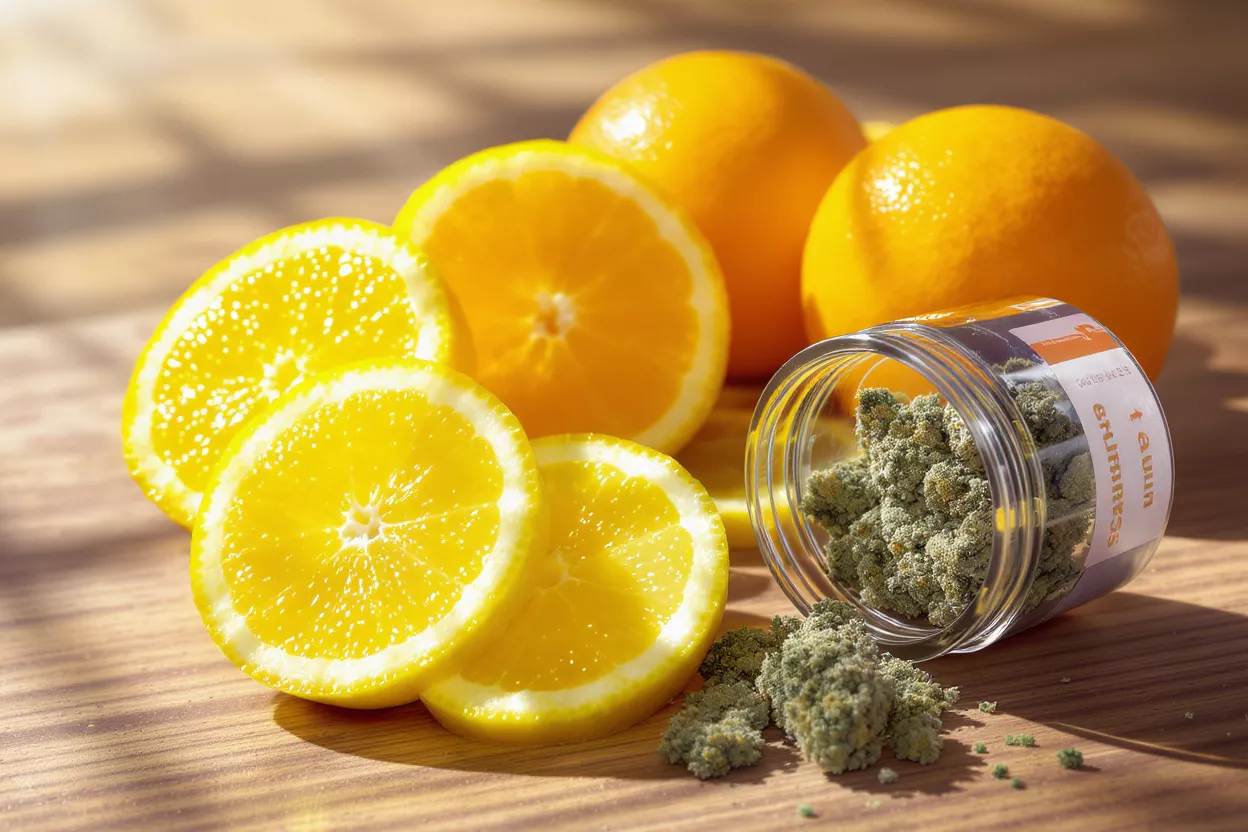 Cannabis et Oranges Des boutons de cannabis s'échappant d'un bocal, entourés d'oranges fraîches et de tranches.