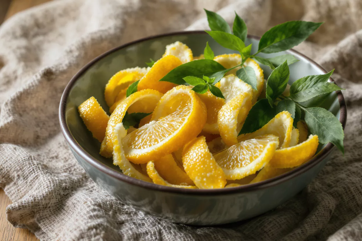 Zestes de citron et herbes fraîches Un bol rempli de zestes de citron jaune vif et d'herbes vertes fraîches.