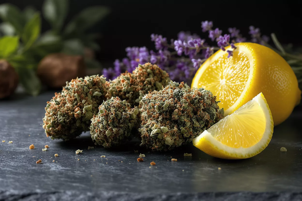 Boutons de Cannabis avec Citron et Lavande Boutons de cannabis, citron et lavande sur une surface sombre avec feuillage vert.