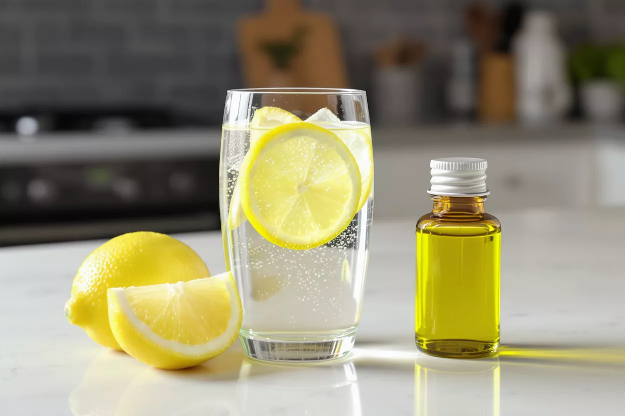Eau au Citron et Huile Essentielle Verre d'eau au citron, citron entier, quartier de citron et flacon d'huile essentielle.