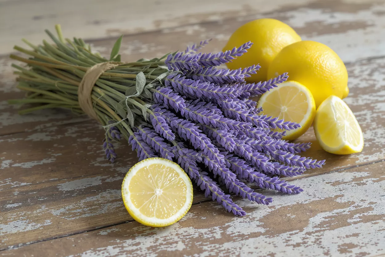 Lavanda y Limones Un ramillete de lavanda morada y limones amarillos frescos sobre una superficie de madera rústica.