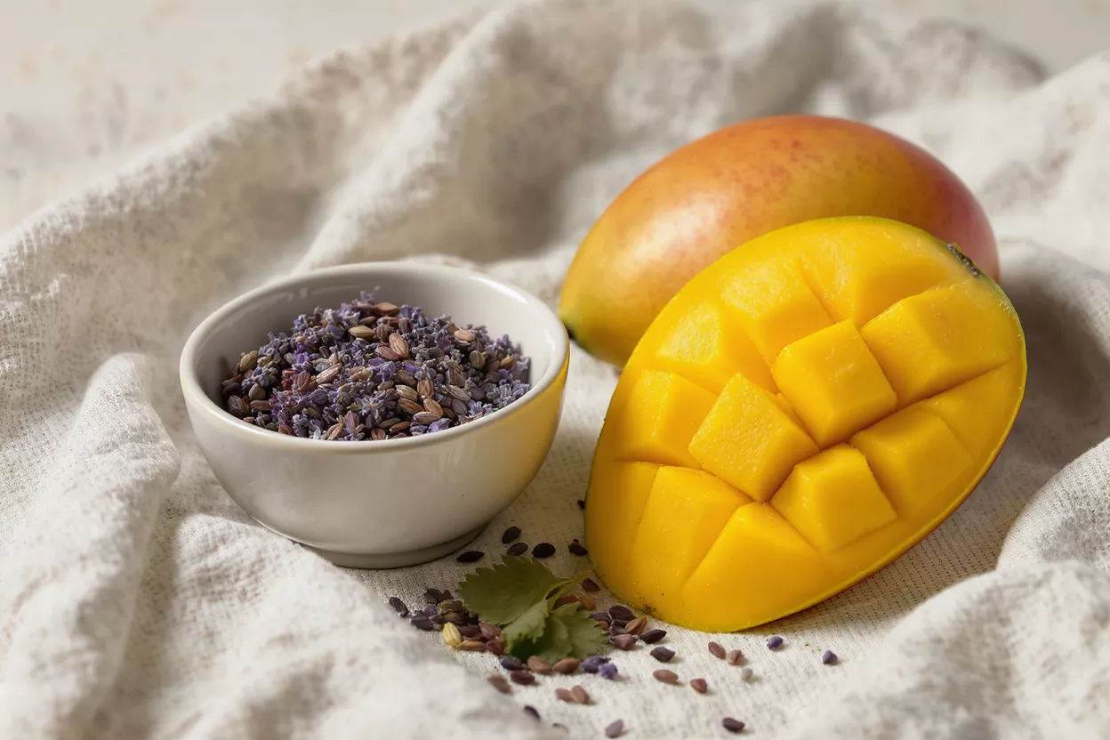 Ingredientes de mango y lavanda Un tazón de brotes de lavanda, un mango entero y un mango en rodajas sobre un paño blanco.