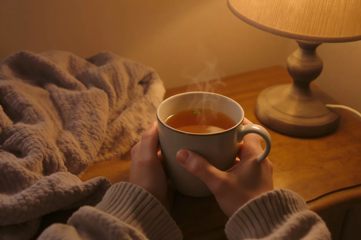 Té de Noche Acogedora Manos sosteniendo una taza humeante de té junto a una lámpara cálida y una manta.