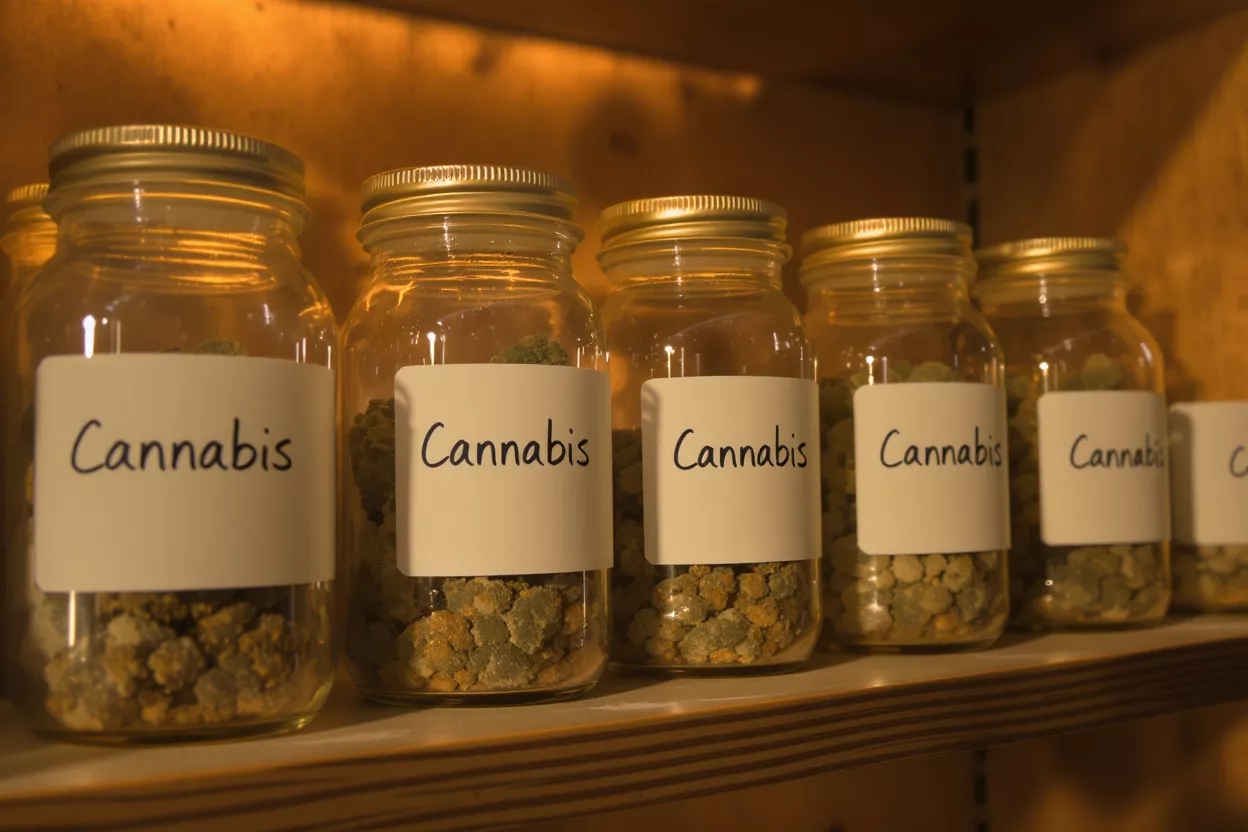 Frascos de cannabis en estante Varios frascos de vidrio etiquetados como «Cannabis» llenos de material vegetal seco en un estante de madera.