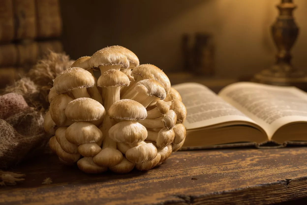 A cluster of light brown mushrooms on a rustic wooden table beside an open book.