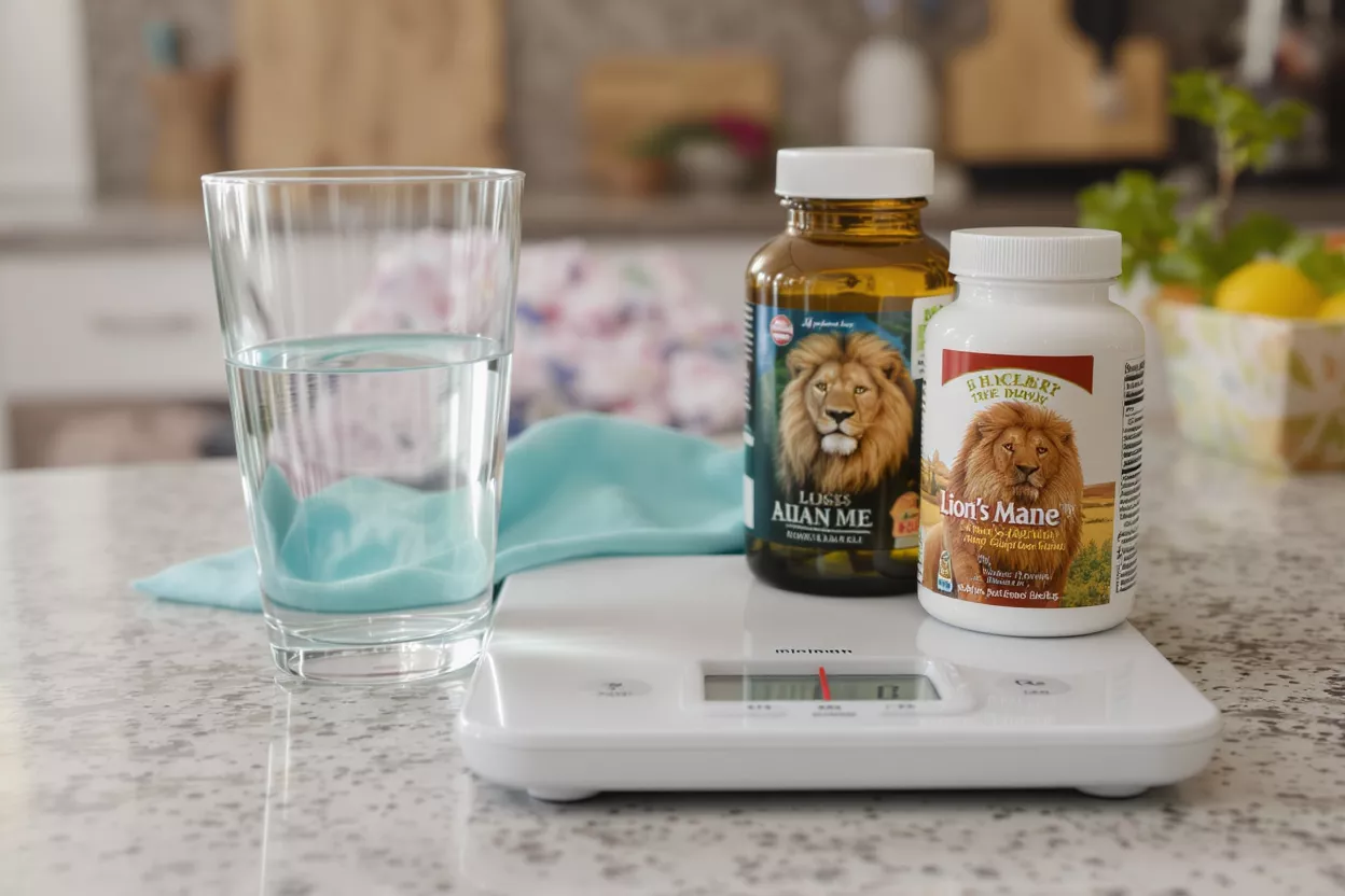 Two bottles of Lion's Mane supplements on a digital scale next to a glass of water.