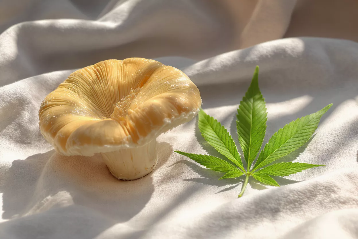 A pale yellow mushroom and a green cannabis leaf on a white rumpled cloth.