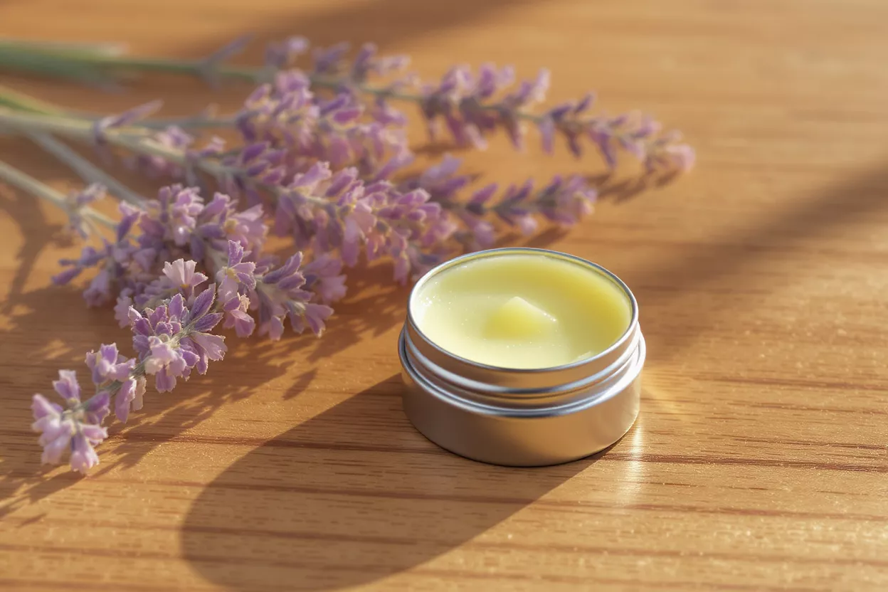 Pequeña lata plateada de bálsamo amarillo de lavanda junto a ramitas de lavanda fresca sobre madera.