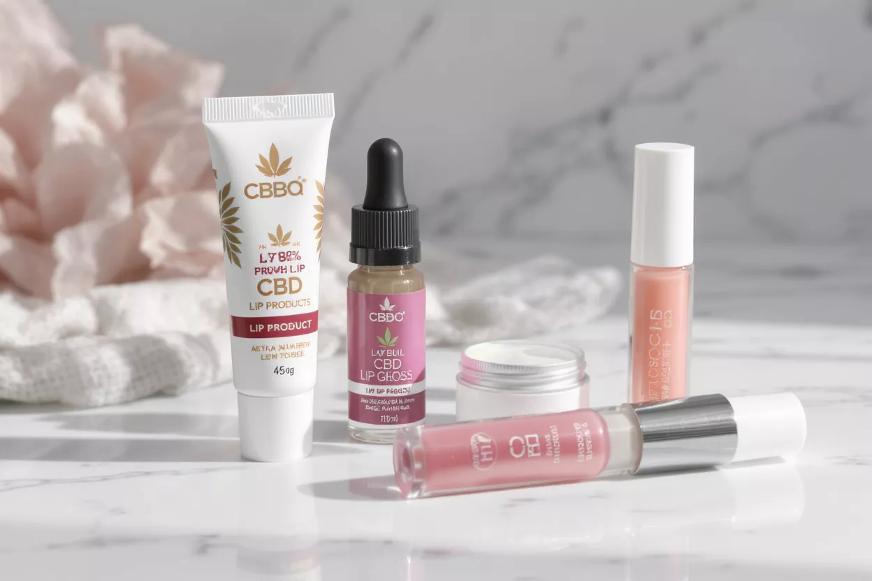 Una colección de productos labiales con CBD que incluye un tubo, frasco gotero, brillo y bálsamo.