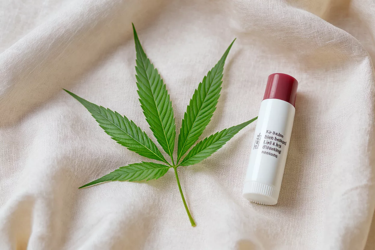 Una hoja de cannabis de color verde vibrante junto a un bálsamo labial blanco sobre una tela color crema.