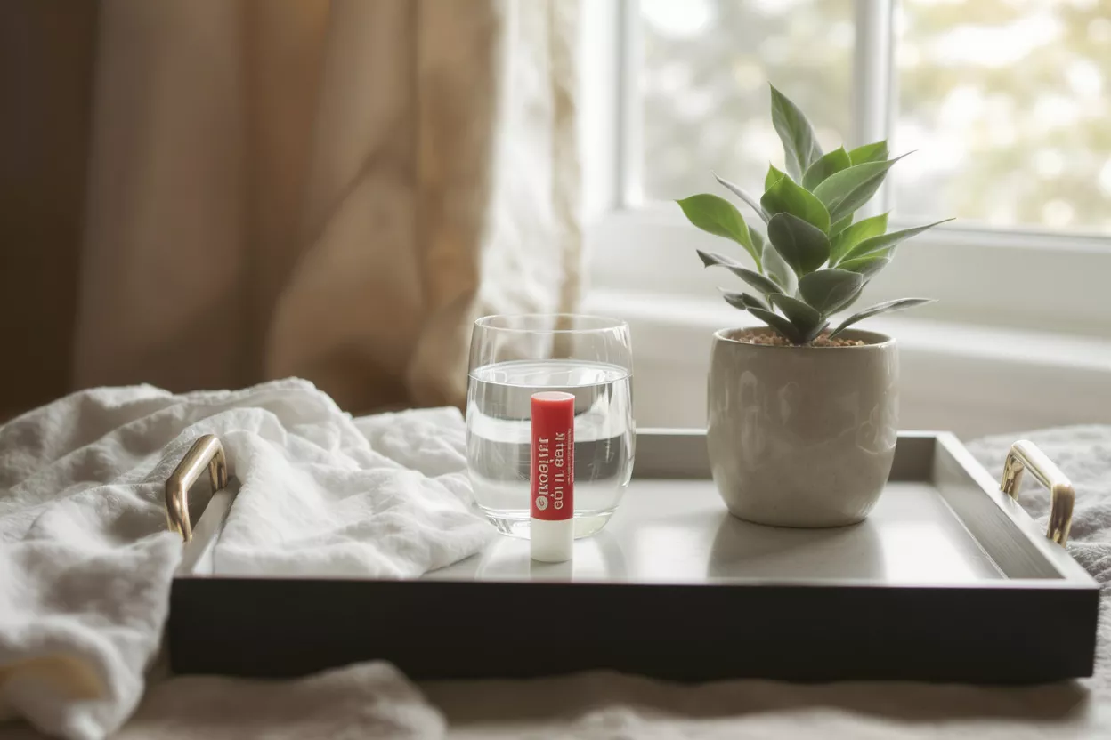 Una bandeja de noche con agua, bálsamo labial y una pequeña planta junto a una ventana.