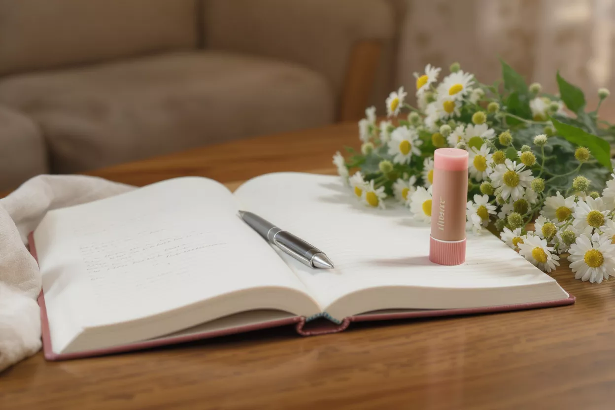 Diario abierto con bolígrafo, bálsamo labial y margaritas sobre una mesa de madera.