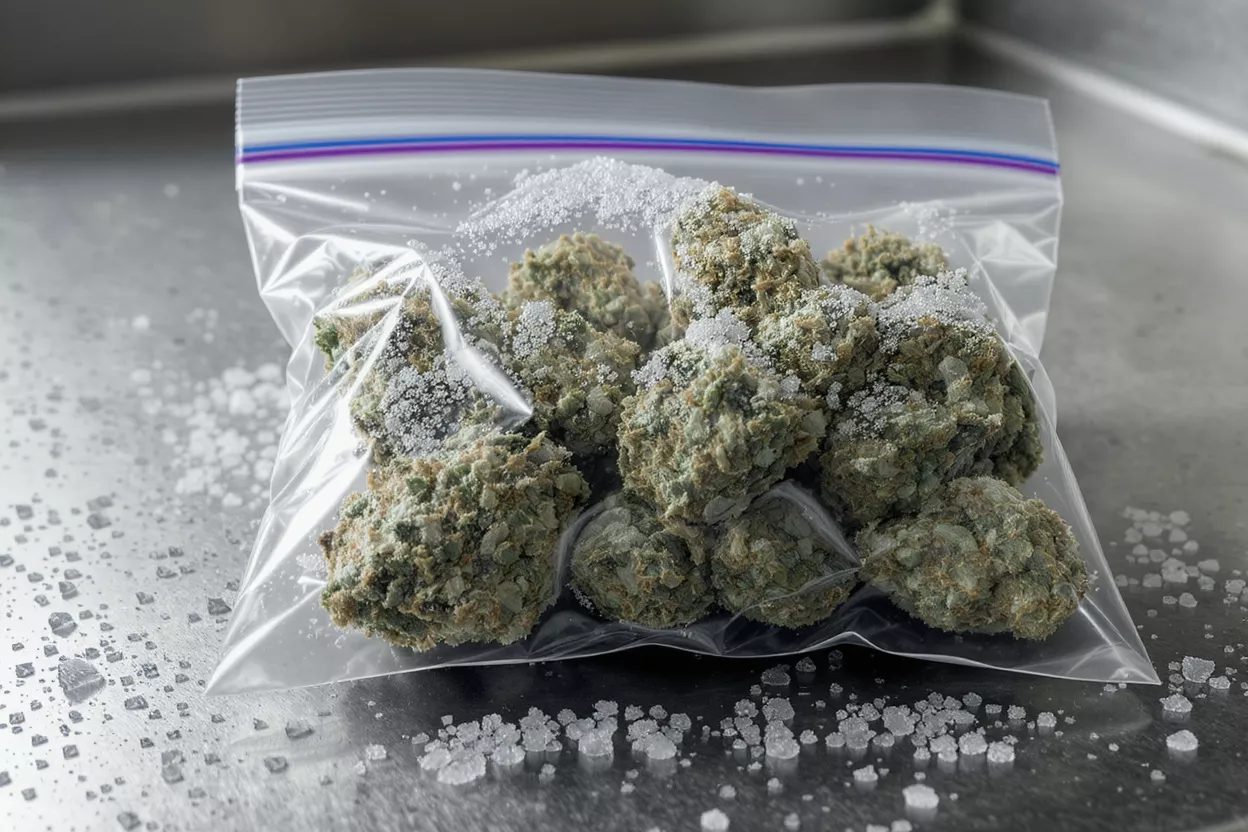 Close-up of cannabis buds in a clear plastic bag with white crystals.