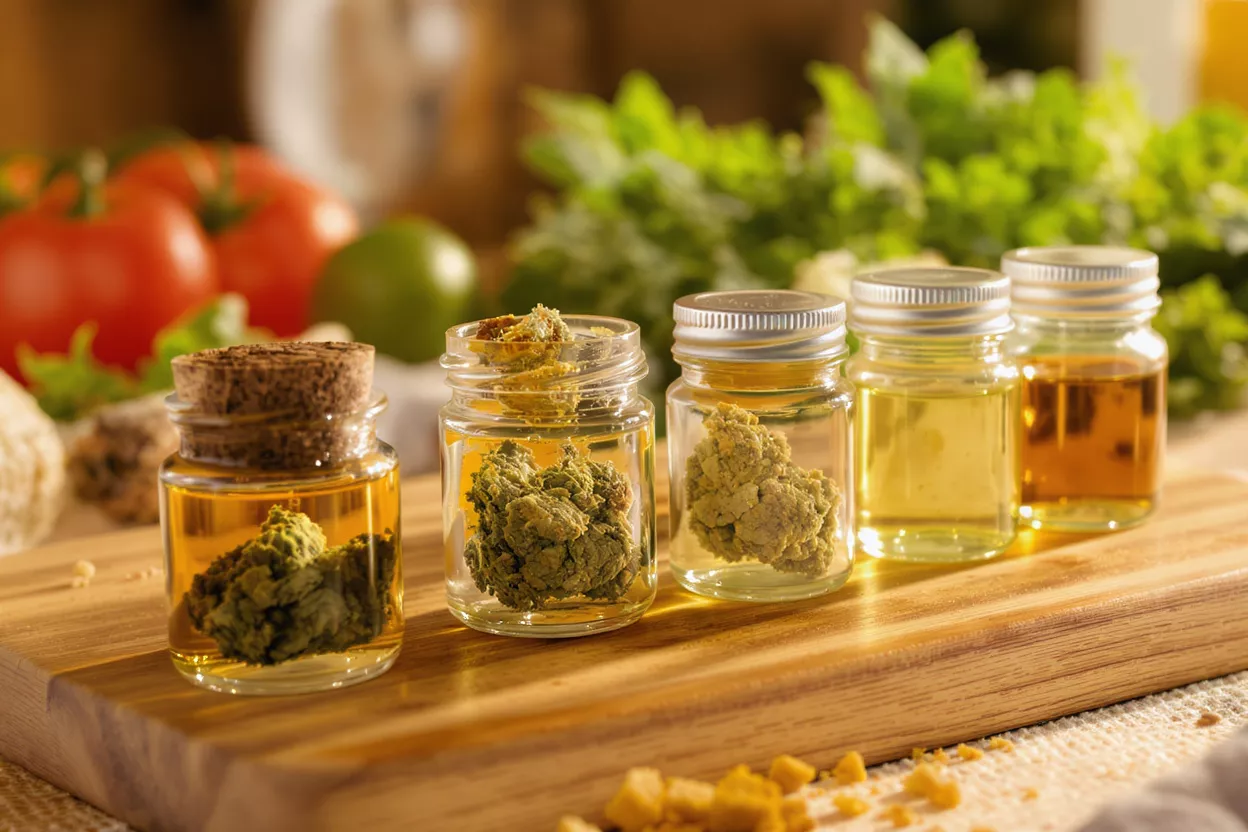 Five small glass jars containing cannabis buds and oils on a wooden board.