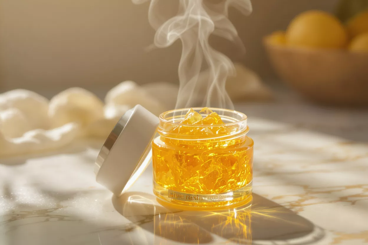 Open jar of golden face mask with steam rising, on a marble surface.