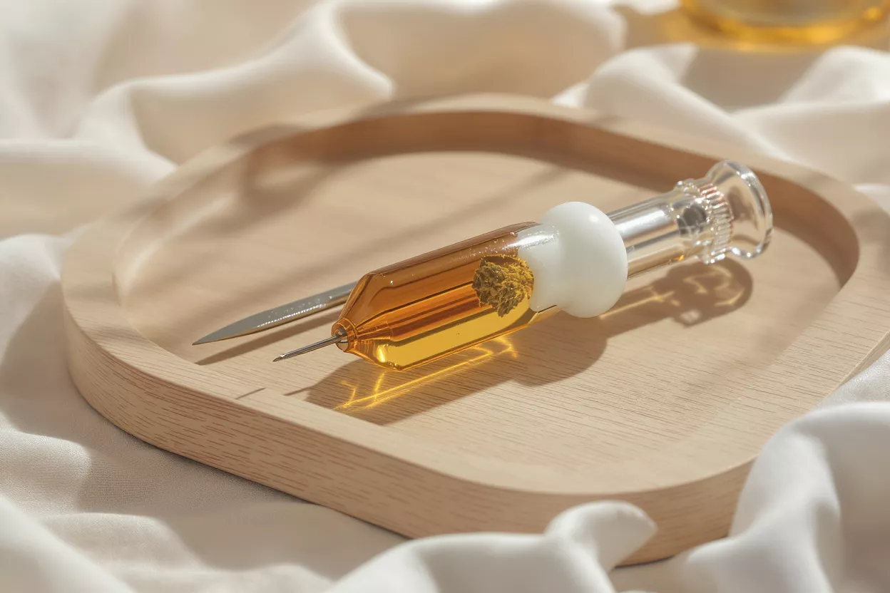 A decorative glass syringe filled with honey and a flower, on a wooden tray.